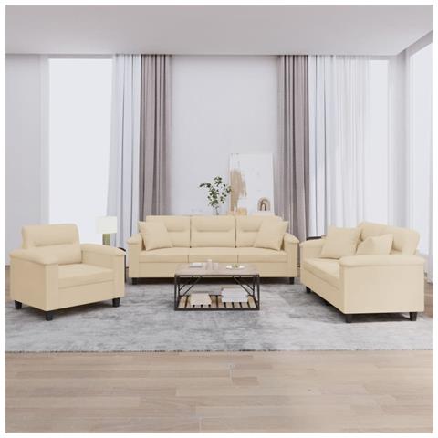 Set Divani 3 Pz Con Cuscini Crema In Tessuto Microfibra - Foto 1