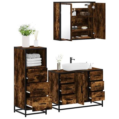 Set Mobili Da Bagno 3 Pz Rovere Fumo In Legno Multistrato - Foto 1
