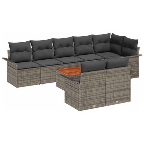 Set di divani da giardino a 9 pezzi con cuscini grigi in polyrattan e acacia - Foto 1