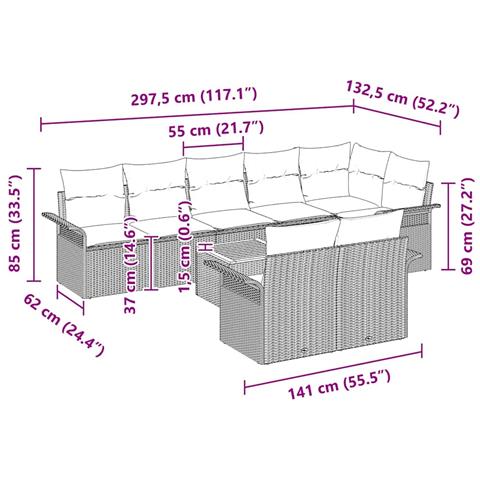 Set di divani da giardino a 9 pezzi con cuscini grigi in polyrattan e acacia - Foto 9