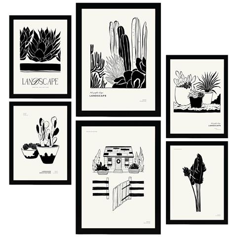 Set Di 6 Stampe Artistiche E Astratte Per L'interior Design Con Inchiostro Nero Per Il Cortile A3 & A4 Cornice Nera - Foto 1