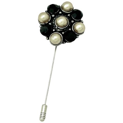 Spilla - Spilla Rotonda Con Perle E Cristalli Neri, Argento, 10µ - Foto 1