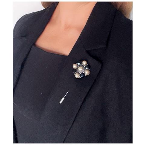 Spilla - Spilla Rotonda Con Perle E Cristalli Neri, Argento, 10µ - Foto 3