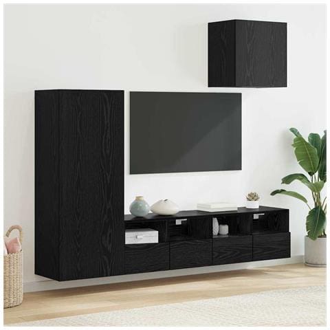 Unità per TV a Muro 4 pcs Rovere Nero Legno multistrato - Foto 2