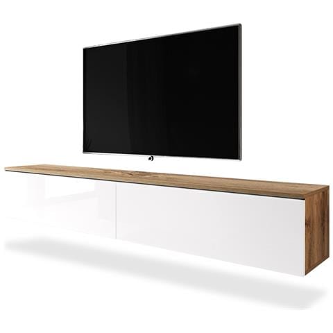 Kane - Mobile Tv Sospeso / Stile Scandinavo / Tavolino Tv Per Salotto / Porta Tv A Parete / Opzionali Luci Led (180 Cm, Quercia Dorata / Bianco Lucido, Senza Led) - Foto 1
