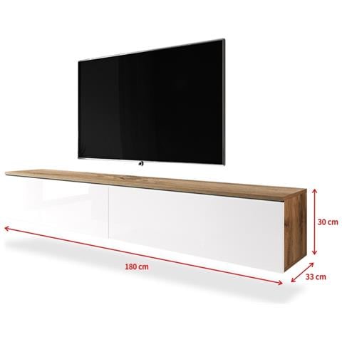 Kane - Mobile Tv Sospeso / Stile Scandinavo / Tavolino Tv Per Salotto / Porta Tv A Parete / Opzionali Luci Led (180 Cm, Quercia Dorata / Bianco Lucido, Senza Led) - Foto 4