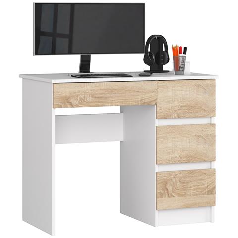 Scrivania per computer A7 destro, 4 cassetti, 90x50x77 cm, Colore Bianco e Sonoma Quercia - Foto 1