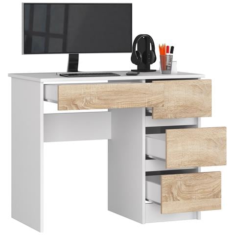 Scrivania per computer A7 destro, 4 cassetti, 90x50x77 cm, Colore Bianco e Sonoma Quercia - Foto 2