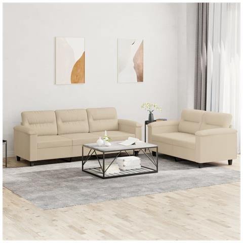 Set Divani 2 Pz Con Cuscini Crema In Tessuto Microfibra - Foto 1