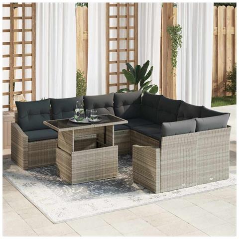 Set di divani da giardino a 9 pezzi con cuscini grigio chiaro in polirattan - Foto 2