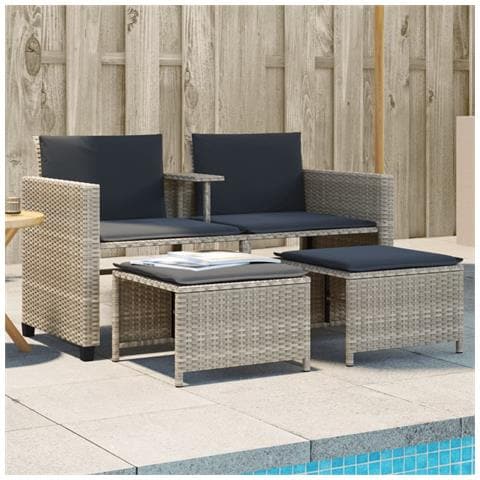 Divano Giardino 2Posti Tavolo Sgabelli Grigio Chiaro Polyrattan - Foto 2