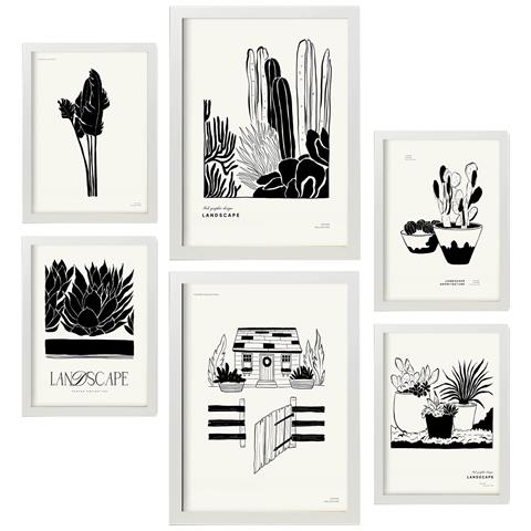 Set Di 6 Stampe Artistiche E Astratte Per L'interior Design Con Inchiostro Nero Per Il Cortile A3 & A4 Cornice Bianca - Foto 1