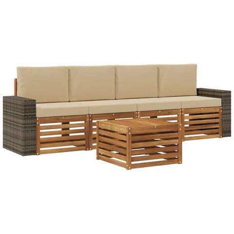 Set di divani da esterno con cuscino 5 pcs Naturale e Beige - Foto 1