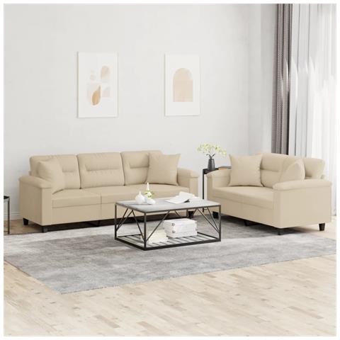 Set Divani 2 Pz Con Cuscini Crema In Tessuto Microfibra - Foto 1