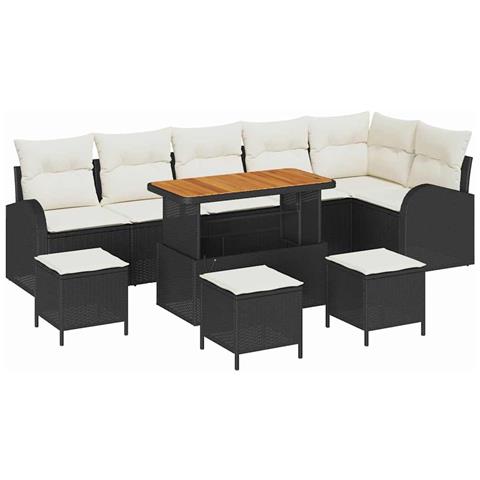 Set di 10 Pezzi da Giardino con Cuscini in Rattan Poliestere Nero, Sofa da Giardino a 2 Posti con Spazio di Archiviazione e Cuscini in Rattan Poliestere Nero, Set da Pranzo da Giardino a 4 Pezzi con Cuscini in Rattan Poliestere Nero - Foto 1