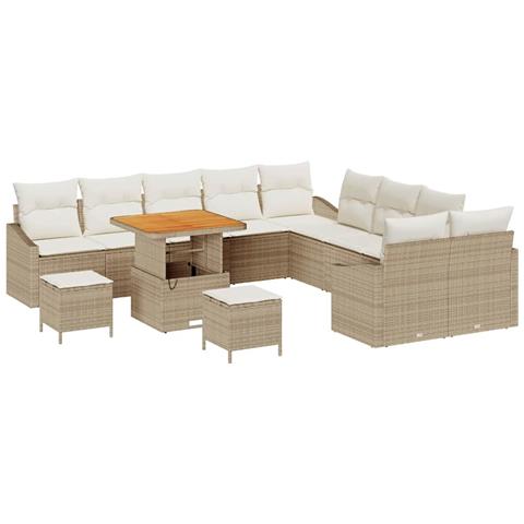 Set divani giardino 13 pezzi con cuscini rattan poliestere beige,  Divano giardino 2 posti con spazio stoccaggio e cuscini rattan poliestere beige,  Set pranzo giardino 3 pezzi con cuscini rattan poliestere beige - Foto 1
