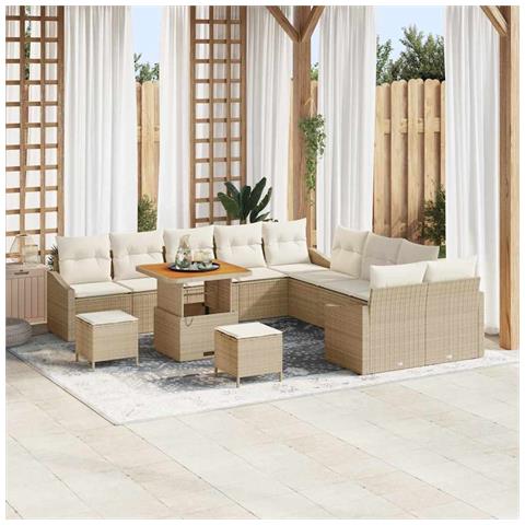 Set divani giardino 13 pezzi con cuscini rattan poliestere beige,  Divano giardino 2 posti con spazio stoccaggio e cuscini rattan poliestere beige,  Set pranzo giardino 3 pezzi con cuscini rattan poliestere beige - Foto 2