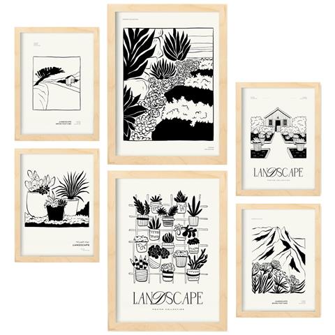 Set Di 6 Stampe Artistiche E Astratte Per L'interior Design Con Inchiostro Nero Per Il Giardino Succulento A3 & A4 Telaio In Legno Chiaro - Foto 1