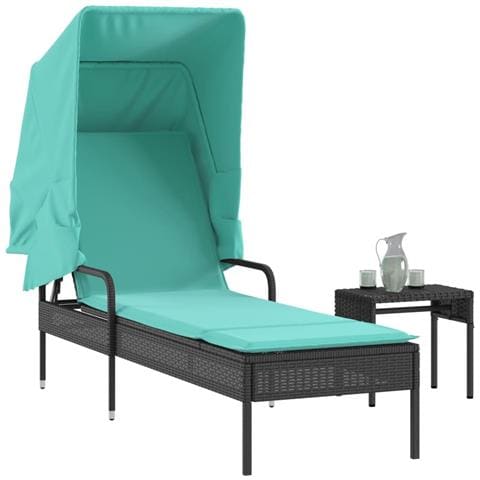 Lettino prendisole con tettuccio e Tavolino in Polyrattan Nero - Foto 2