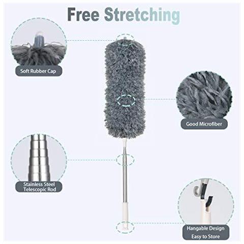 Allungabile Feather Duster Microfibra Duster Con Extra Lungo 100 Pollici Telescopico Pole Telescopico Bombolette Con Pieghevole Testa Mano Duster Per Pulizia Ad Alta Ventilatore A Soffitto Tende Ragnatela Auto - Foto 2