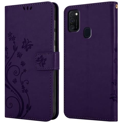 Custodia Compatibile Con Samsung Galaxy M21 / M30s In Lilla Scuro Fiore - Coperchio Protettivo In Design Floreale Con Chiusura Magnetica, Funzione Stand E Slot Per Carte - Foto 8