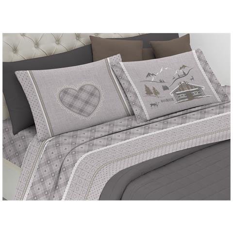 Completo Lenzuola Flanella Pensieri Delicati 100% Cotone Disegno Chalet Singolo Beige - Foto 1