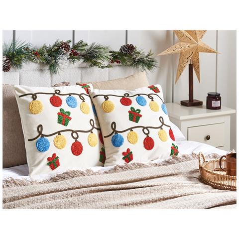 Set Di 2 Cuscini Palmier Velluto 45 X 45 Cm Bianco Sporco Modello Natalizio - Foto 1
