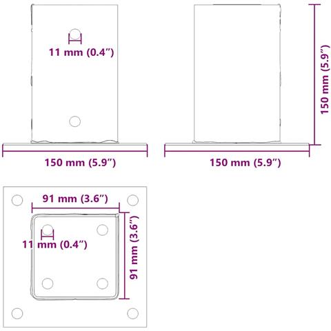Basi per Pali Quadrati 4 pz 91x91 mm Acciaio Verniciato Polvere - Foto 9