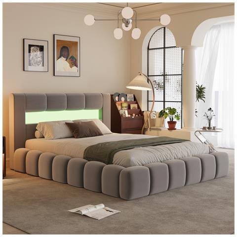 Omaha Letto Nuvola Led Con Cassettiera 140x190cm Velluto Grigio - Foto 1