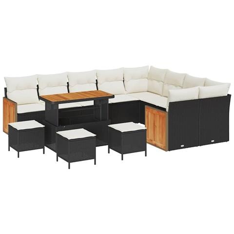 Set di Divano da Giardino 13 Pezzi  con Cuscini Nero Polyrattan Acacia, Set di Pranzo da Giardino 4 Pezzi  con Cuscini Nero Polyrattan Acacia, Divano da Giardino per 2 Persone  con Cuscini Nero Polyrattan - Foto 1