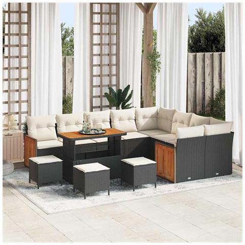 Set di Divano da Giardino 13 Pezzi  con Cuscini Nero Polyrattan Acacia, Set di Pranzo da Giardino 4 Pezzi  con Cuscini Nero Polyrattan Acacia, Divano da Giardino per 2 Persone  con Cuscini Nero Polyrattan - Foto 2