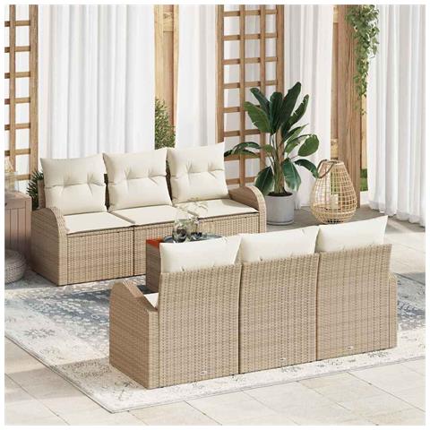 Set Divano da Giardino da 7 Pezzi con Cuscini Beige Polyrattan Acacia - Foto 2