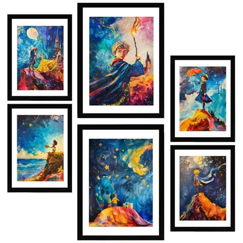 Set Di 6 Stampe Film Per Bambini Incorniciati Con Illustrazioni Di Design Per Decorare Le Pareti Della Tua Stanza Di Casa A3 & A4 Cornice Nera - Foto 1