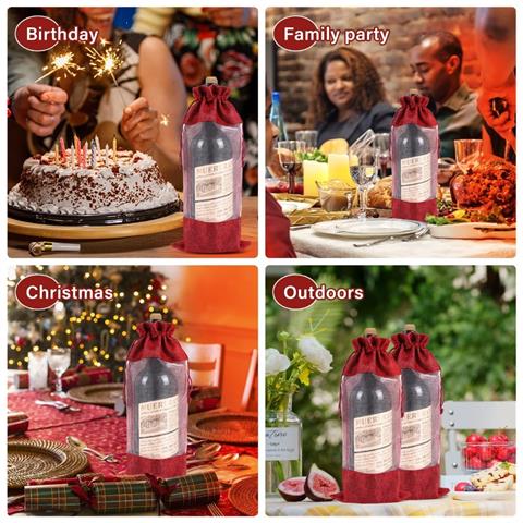 Set Di 8 Sacchetti Regalo Per Vino In Iuta E Velluto Con Coulisse - Coperture Riutilizzabili Per Bottiglie Di Vino Red - Foto 2