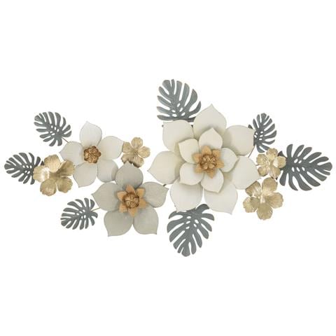 Pannello Decorativo Da Parete Moty A Fiori Tropicali In Ferro Bianco, Grigio E Oro 134x69 Cm - Foto 1