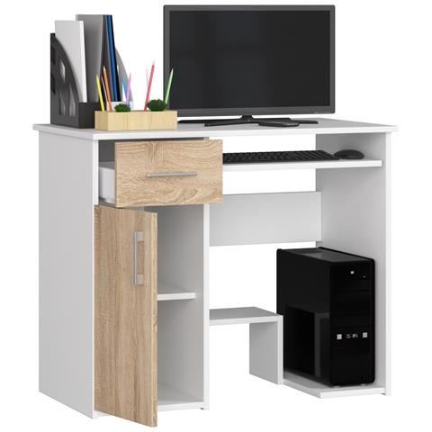 Scrivania per computer JAY, 1 anta e 1 cassetto, 90x50x74 cm, Colore Bianco e Sonoma Quercia - Foto 2