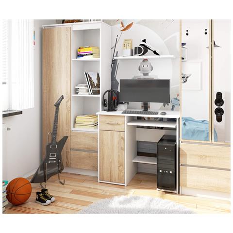 Scrivania per computer JAY, 1 anta e 1 cassetto, 90x50x74 cm, Colore Bianco e Sonoma Quercia - Foto 5