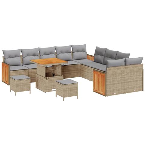Set di Divano da Giardino 13 Pezzi con Cuscini Beige Rattan Sintetico Acacia,  Divano da Giardino 2 Posti con Cuscini Beige Rattan Sintetico,  Set da Pranzo da Giardino 3 Pezzi con Cuscini Beige Rattan Sintetico Acacia - Foto 1
