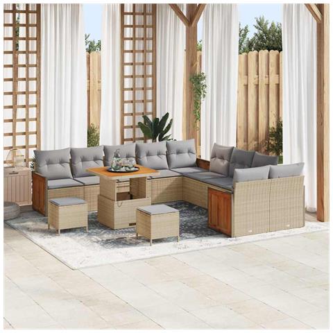Set di Divano da Giardino 13 Pezzi con Cuscini Beige Rattan Sintetico Acacia,  Divano da Giardino 2 Posti con Cuscini Beige Rattan Sintetico,  Set da Pranzo da Giardino 3 Pezzi con Cuscini Beige Rattan Sintetico Acacia - Foto 2