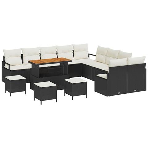 Set Divani Giardino 14 Pezzi con Cuscini Nero Polyrattan Acacia, Divano Giardino 2 Posti con Cuscini Nero Polyrattan, Set Pranzo Giardino 4 Pezzi con Cuscini Nero Polyrattan Acacia - Foto 1