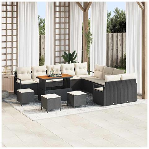Set Divani Giardino 14 Pezzi con Cuscini Nero Polyrattan Acacia, Divano Giardino 2 Posti con Cuscini Nero Polyrattan, Set Pranzo Giardino 4 Pezzi con Cuscini Nero Polyrattan Acacia - Foto 2