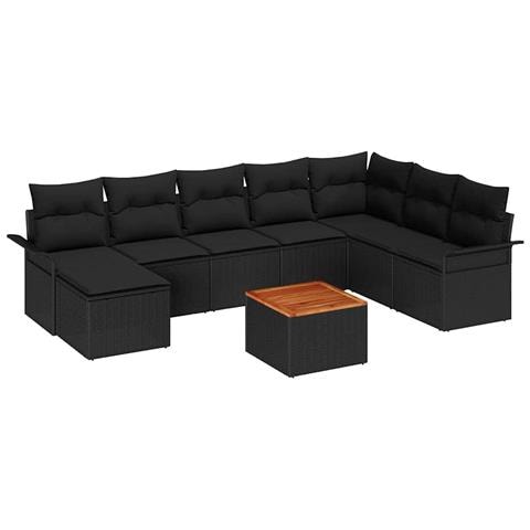 Set Divano Giardino 9 Pezzi con Cuscini Nero Polyrattan Acacia - Foto 1