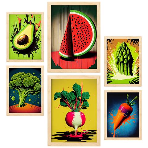 Set Di 6 Stampe Poster A Colori Di Una Dieta Equilibrata Con Frutta, Verdura E Cibo Sano In Stile Urban Art A3 & A4 Telaio In Legno Chiaro - Foto 1