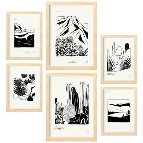 Set Di 6 Stampe Negli Angoli Di Inchiostro Nero Stampe Artistiche E Astratte Per L'interior Design A3 & A4 Telaio In Legno Chiaro - Foto 1
