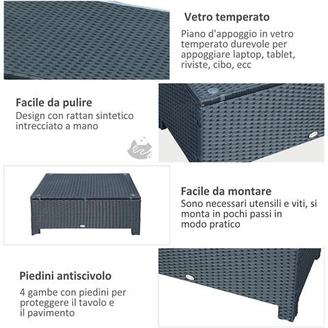 Ousunny Tavolino da Esterni in Rattan PE con Piano in Vetro Temperato, 85x50x39cm, Nero - Foto 2