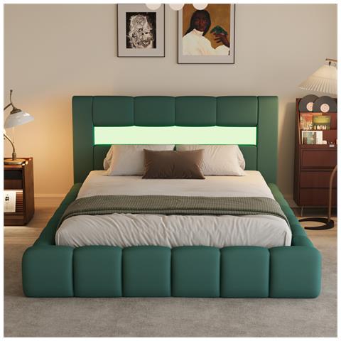 Omaha Letto Nuvola Led Con Cassettiera 140x190cm Velluto Verde - Foto 5