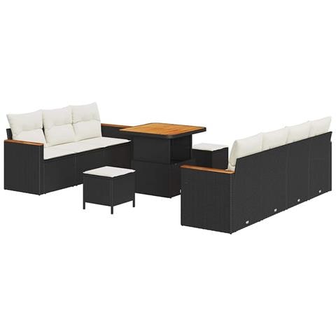 Set di 10 Pezzi di Divano da Giardino con Cuscini Nero Polirattan Acacia, Set da Pranzo da Giardino di 3 Pezzi con Cuscini Nero Polirattan Acacia - Foto 1