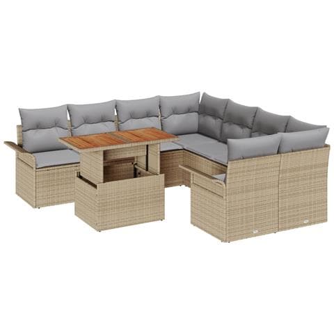 Set di Divani da Giardino a 9 Pezzi con Cuscini in Rattan Beige,  Divano da Giardino a 2 Posti con Spazio di Archiviazione e Cuscini in Rattan Beige - Foto 1