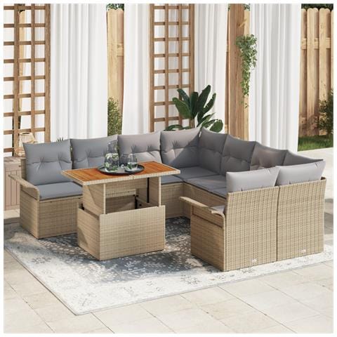 Set di Divani da Giardino a 9 Pezzi con Cuscini in Rattan Beige,  Divano da Giardino a 2 Posti con Spazio di Archiviazione e Cuscini in Rattan Beige - Foto 2