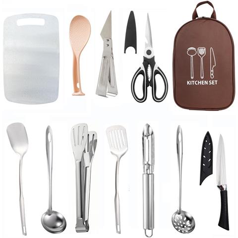 Set Da 12 Pezzi Per Campeggio Portatile - Utensili Da Cucina In Acciaio Inox Con Borsa In Tessuto Oxford Coffee - Foto 1